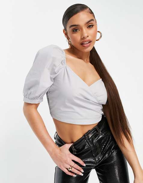 NA-KD puff sleeve wrap blouse in light blue - view 1