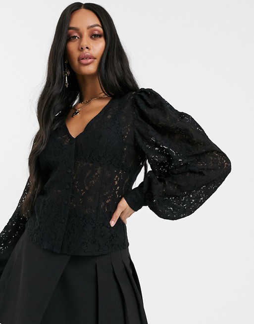 NA-KD puff sleeves lace blouse in black