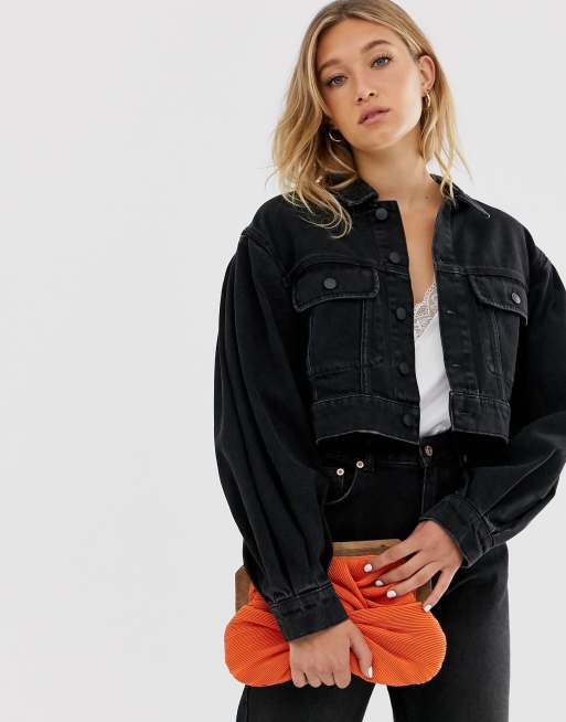 Black denim jacket store puff sleeve