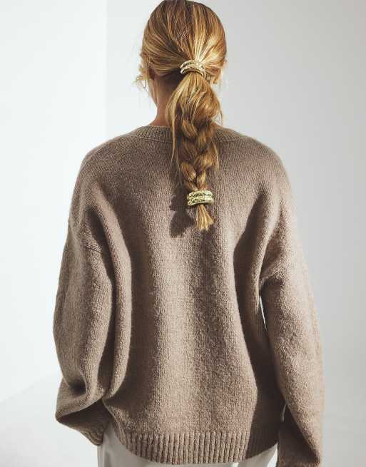 NA-KD pull en maille à col V en mélange de laine beige chiné, 3 de 5