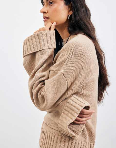 NA-KD pull en maille à manches retroussées beige doux - view 1