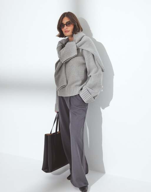 NA-KD pull en maille à manches retroussées gris moyen, 4 de 5