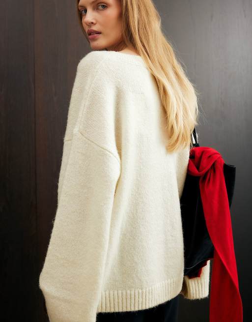 NA-KD Pull en maille col V en mélange de laine écru, 2 de 5