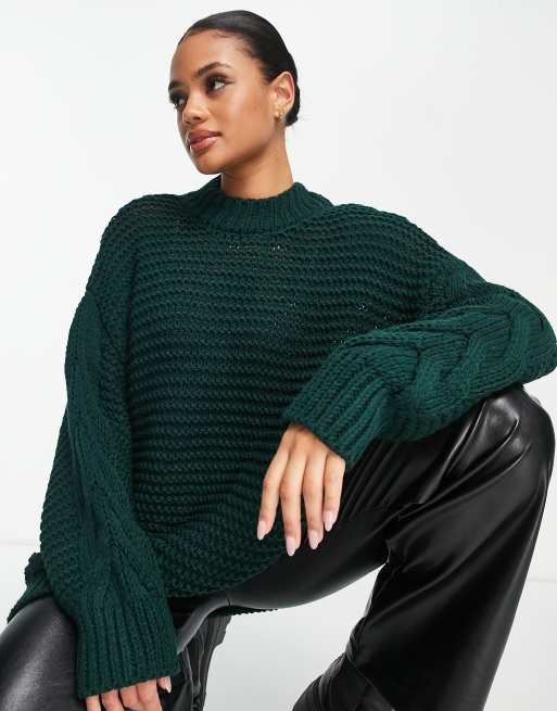 NA-KD - Pull en maille torsadée épaisse - Vert foncé