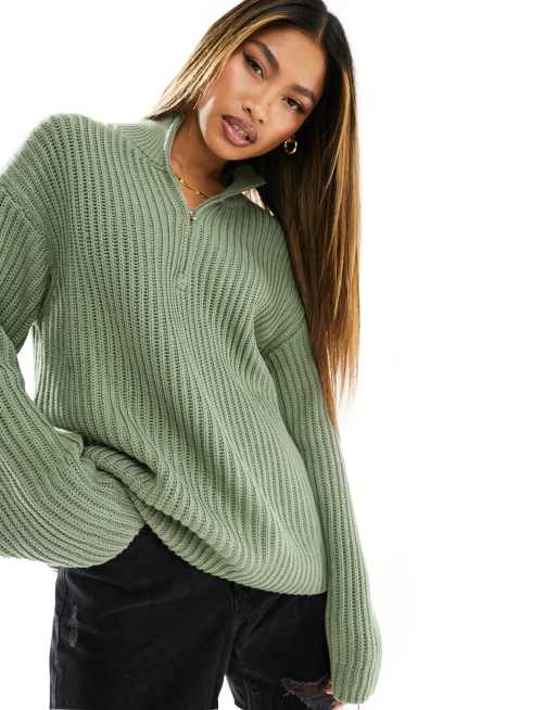NA-KD – Pullover in Khaki mit kurzem Reißverschluss