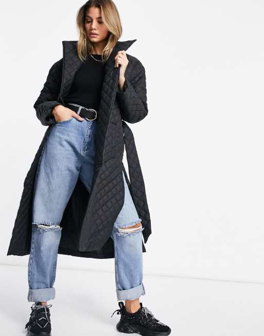 NA-KD quilted long jacket with belt in black