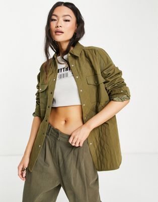 NA-KD quilted oversized shacket in olive green