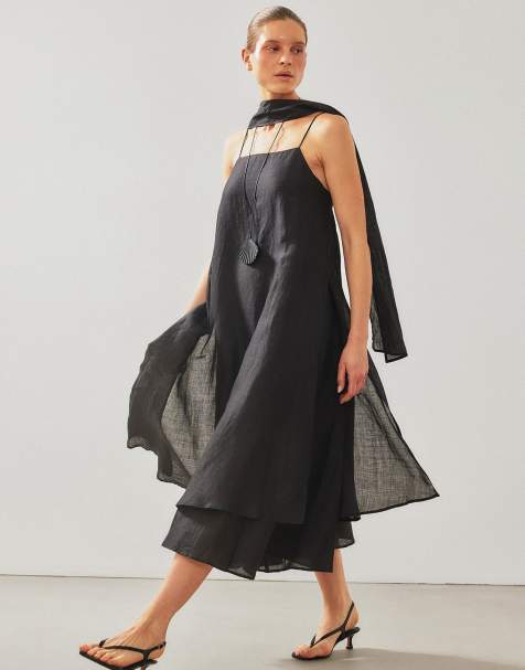 NA-KD Ramie scarf detail midi dress in black - view 1