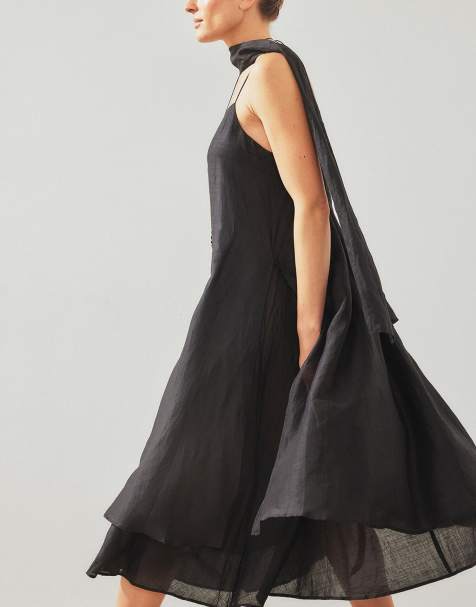 NA-KD Ramie scarf detail midi dress in black