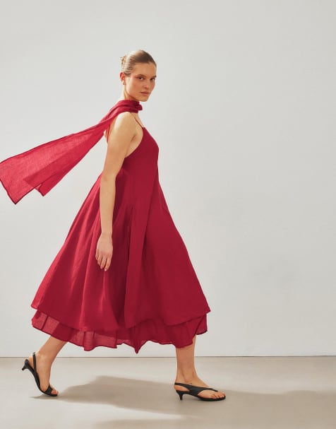 NA-KD Ramie scarf detail midi dress in dark red - view 1
