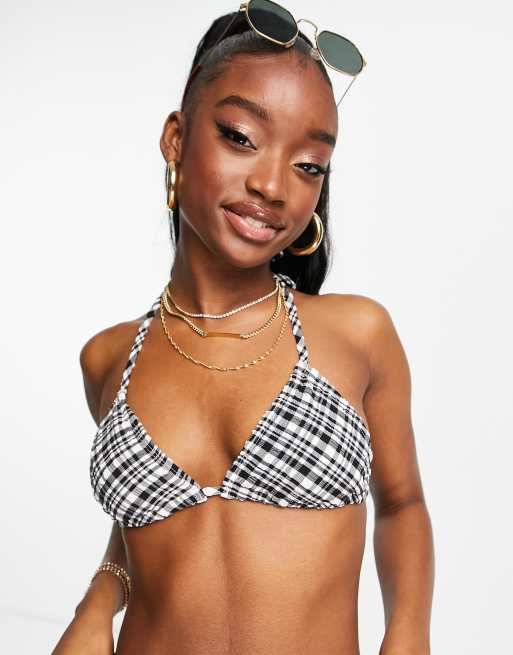 NA KD reverse triangle bikini top in black white check ASOS