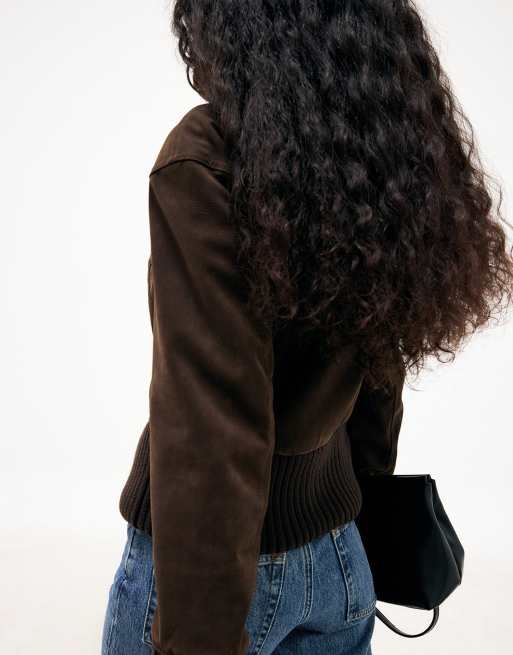 NA-KD Rib detail faux leather jacket in brown, 2 of 5