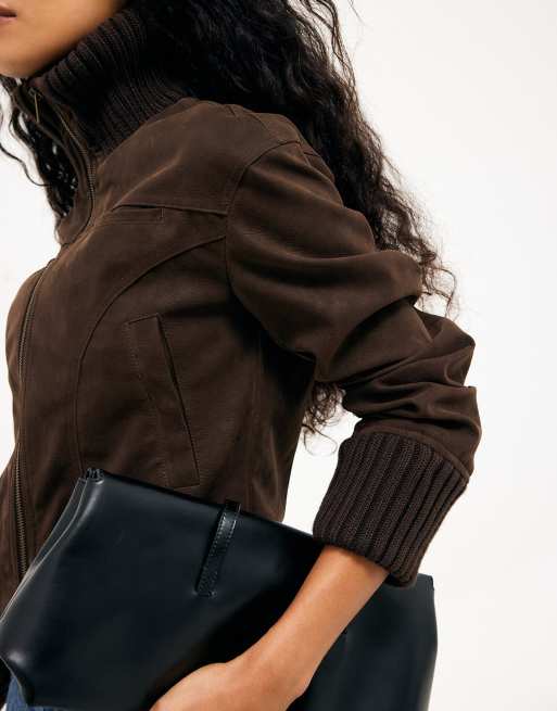 NA-KD Rib detail faux leather jacket in brown, 4 of 5