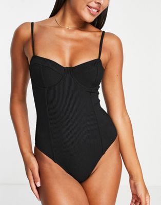 NA-KD ribbed cupped swimsuit in black