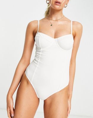 NA-KD ribbed cupped swimsuit in off white