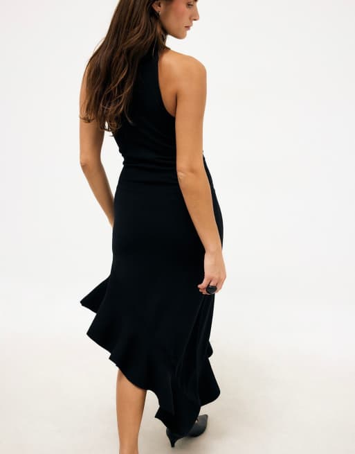 NA-KD Ribbed flounce knitted dress in black, 2 of 5