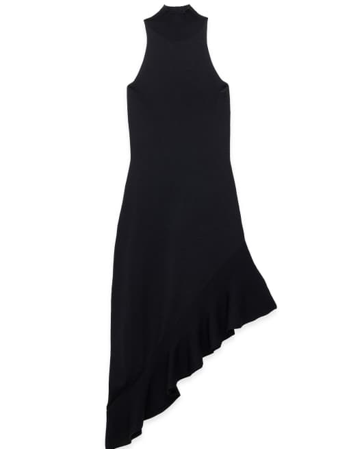 NA-KD Ribbed flounce knitted dress in black, 4 of 5