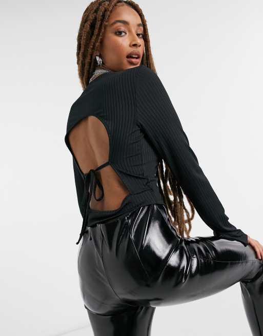 NA-KD faux leather long sleeve crop top in black