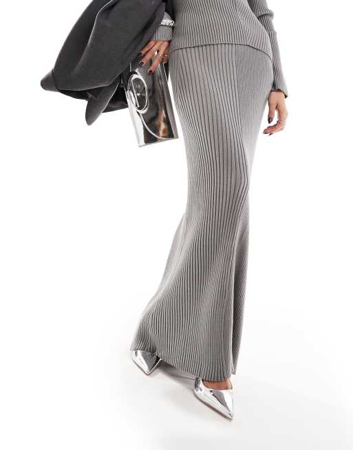 NA-KD ribbed knitted maxi skirt in grey , 4 of 5