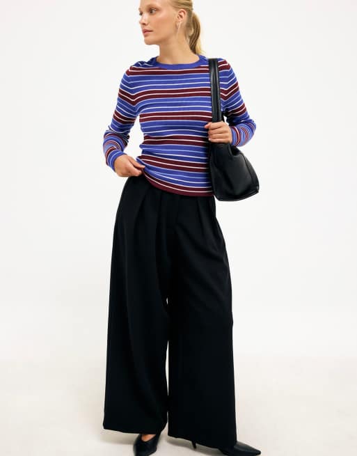 NA-KD Ribbed knitted round neck top in blue stripe, 3 of 5