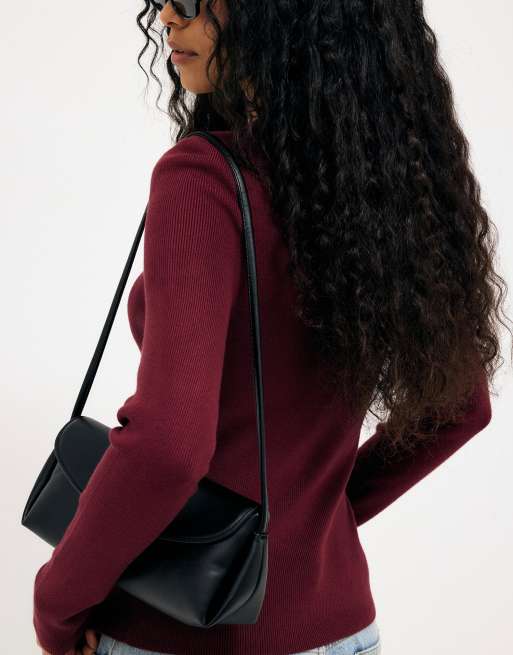 NA-KD Ribbed knitted round neck top in wine red, 2 of 5