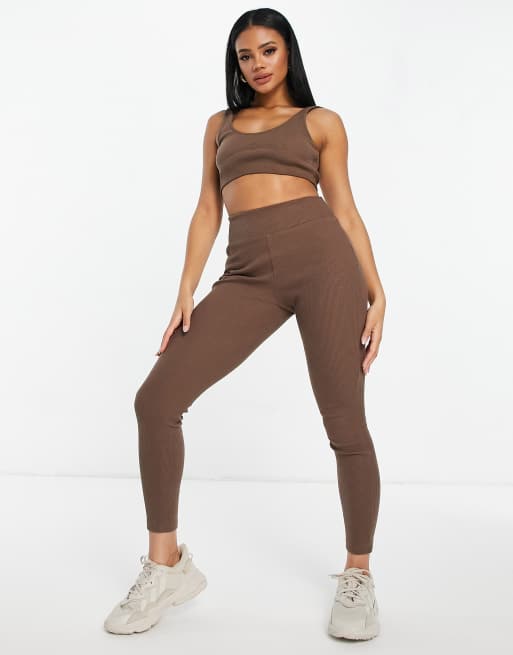 NA-KD ribbed leggings in brown (Part of a set)