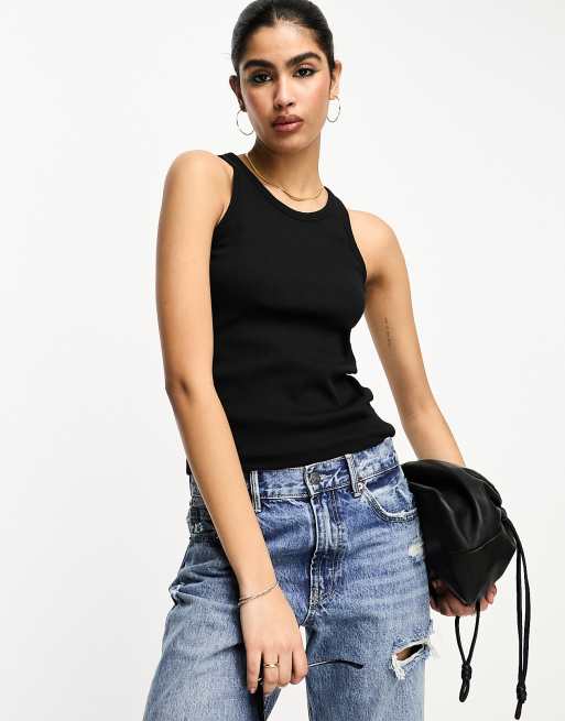 Tank top in ribbed cotton in BLACK for