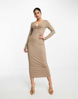 NA-KD ring detail cut out midi dress in beige