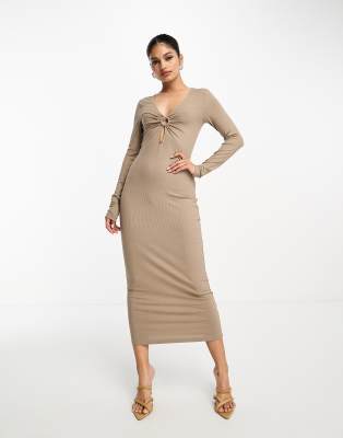NA-KD NA-KD ring detail cut out midi dress in beige-Neutral