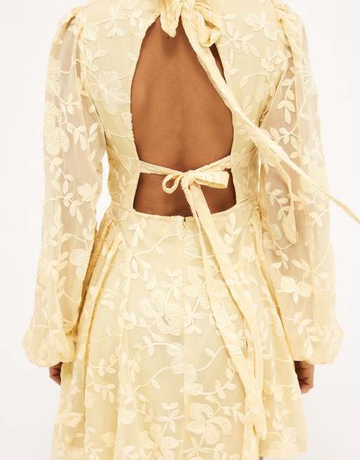NA-KD - Robe courte à manches longues en mousseline avec broderies - Jaune, 3 de 5