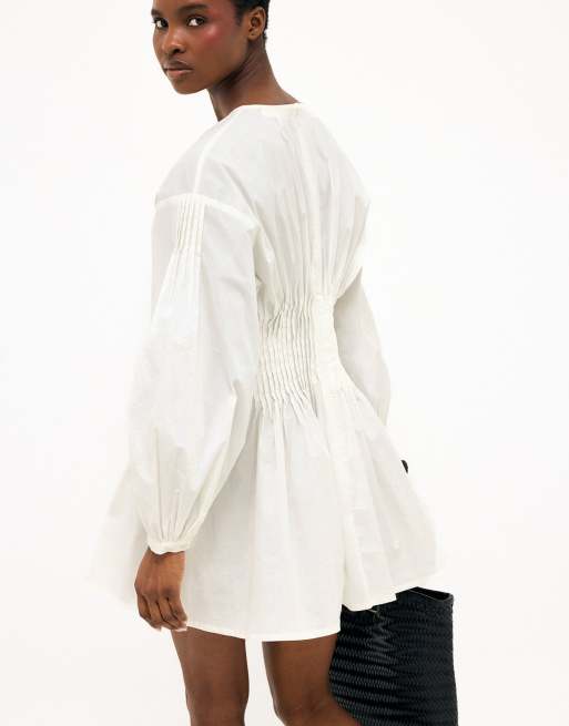 NA-KD - Robe courte en coton à manches longues et plis nervurés - Blanc, 3 de 5