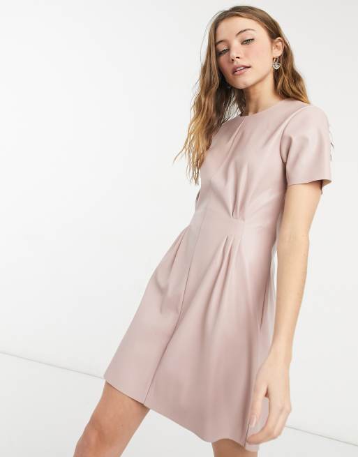 Na Kd Robe Courte Imitation Cuir Plissee A La Taille Vieux Rose Faoswalim