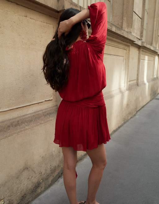 NA-KD - Robe courte nouée à la taille à manches courtes - Rouge, 2 de 5