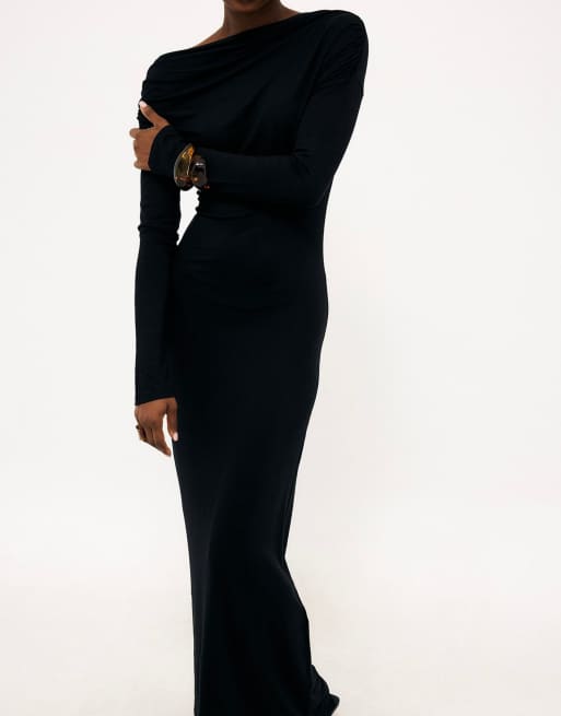 NA-KD robe longue en jersey drapée noire, 3 de 5