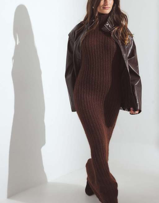 NA-KD robe longue en maille à col roulé en mélange de laine marron chaud, 2 de 5