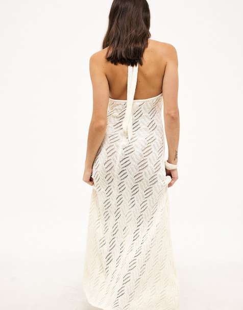 NA-KD robe longue en maille à lien à nouer écru - view 1