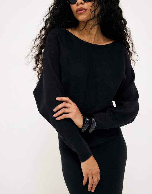 NA-KD Robe longue en maille jacquard à manches chauve-souris noire, 3 de 5
