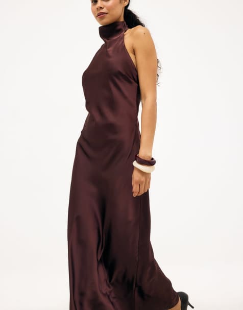 NA-KD robe longue satin à col halter prune - view 1