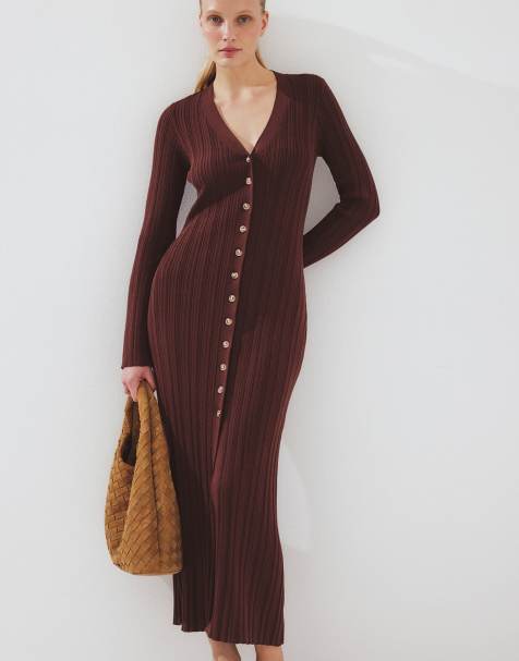 NA-KD - Robe mi-longue en maille style gilet - Marron - view 1