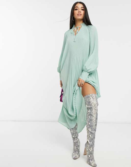 NA-KD - Robe mi-longue plissée nouée à l'encolure - Vert menthe