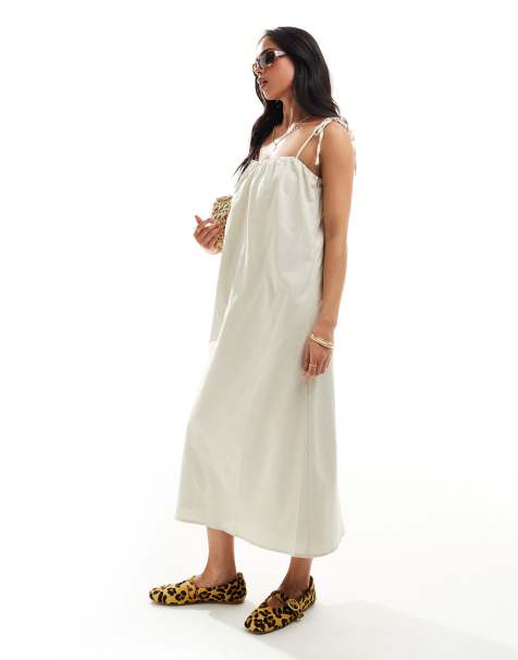 NA-KD - Robe mi-longue sans bretelles en lin mélangé - Beige - view 1