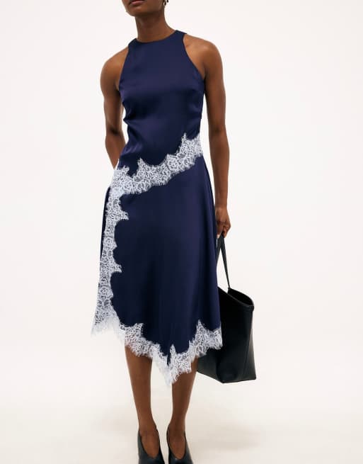 NA-KD robe midi en satin à dentelle contrastante bleu marine, 2 de 5