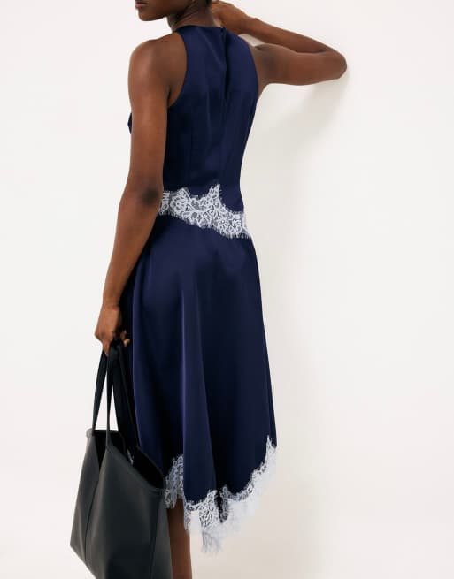 NA-KD robe midi en satin à dentelle contrastante bleu marine, 3 de 5