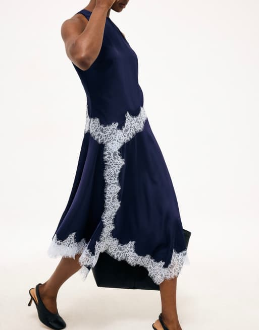 NA-KD robe midi en satin à dentelle contrastante bleu marine, 4 de 5