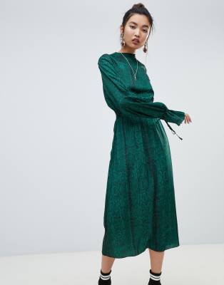 green snake print midi dress