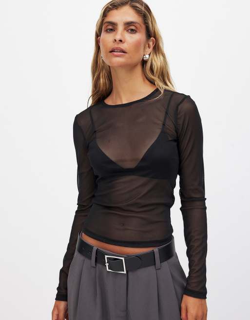 NA-KD Round neck fitted mesh top in black, 3 of 5