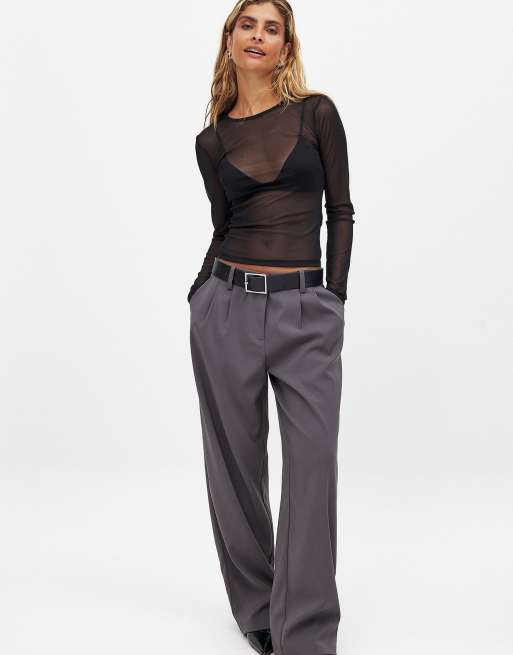 NA-KD Round neck fitted mesh top in black, 4 of 5