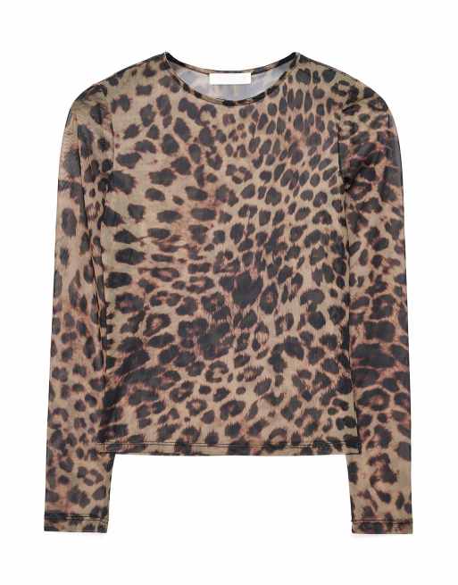 NA-KD Round neck fitted mesh top in leopard, 4 of 5