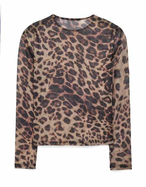 NA-KD Round neck fitted mesh top in leopard, 5 of 5