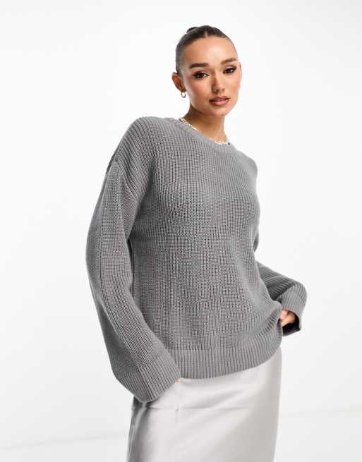 NA-KD round neck knit sweater in gray